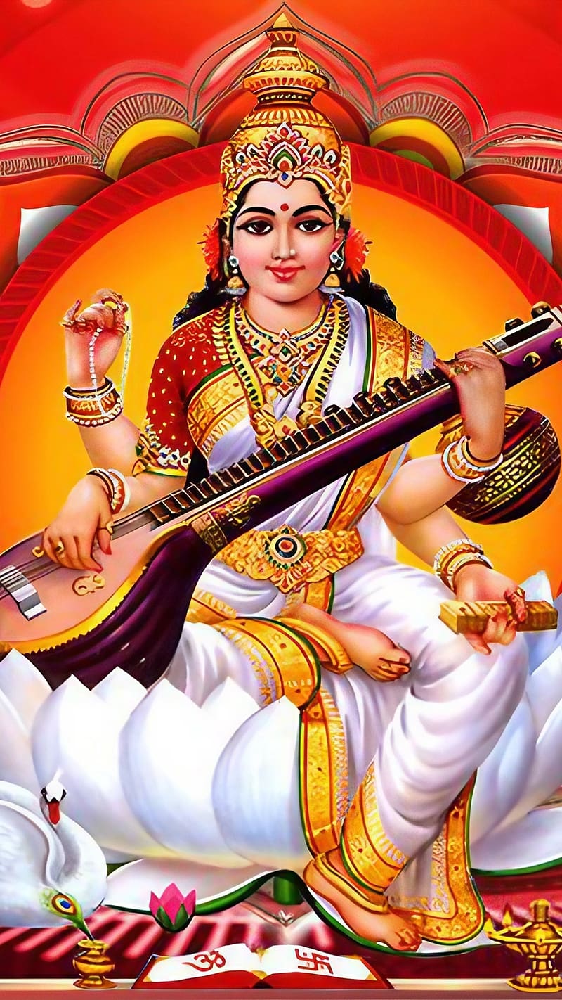 Saraswati Maa Ka, Red Background, animated, goddess, HD phone wallpaper