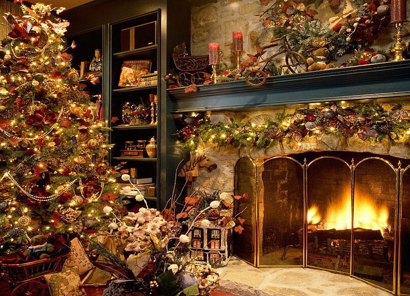 Christmas spirit, holidays, christmas, celebration, joy, happy, fireplace, tree, merry christmas, balls, decorations, season, toys, gifts, HD wallpaper