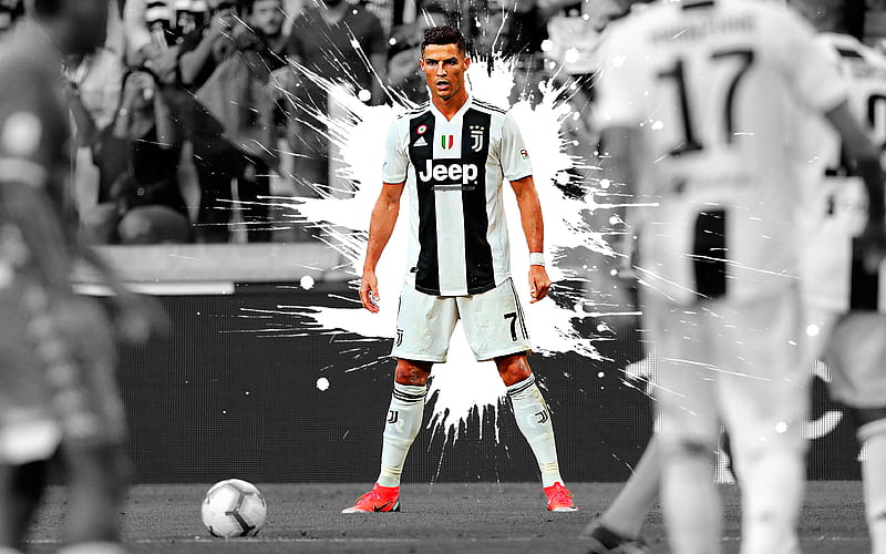 Cristiano Ronaldo art, Juventus FC, Portuguese football player, striker, football star, white splashes of paint, grunge art, CR7, Serie A, Italy, football, HD wallpaper