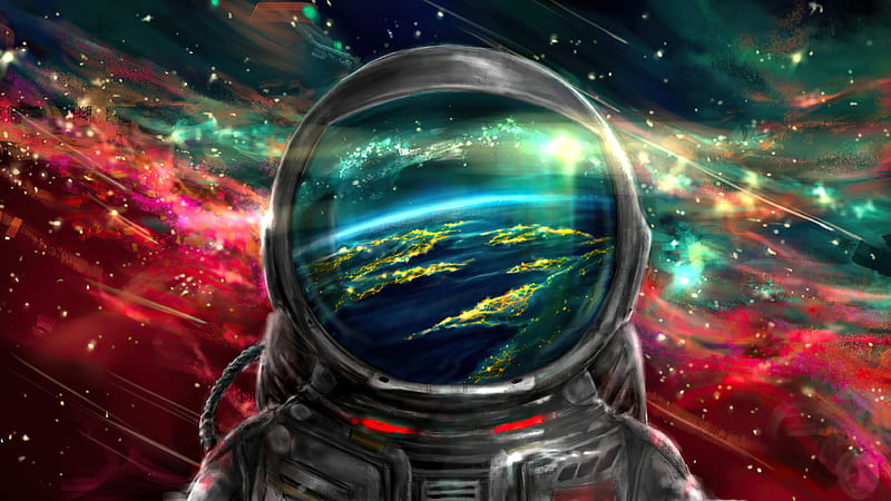 Fantasy, cosmonaut, red, astronaut, green, HD wallpaper