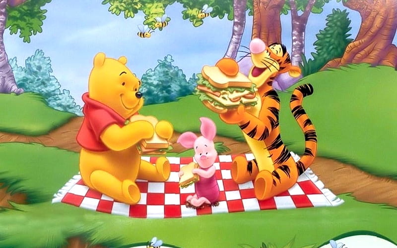 Winnie and Friends in Picnic, Winnie the Pooch, piglet, tiger, picnic, HD wallpaper