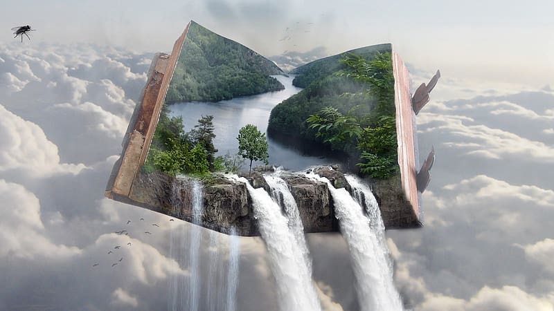 art work fantasy, river, falls, book, floating, trees forest, HD wallpaper