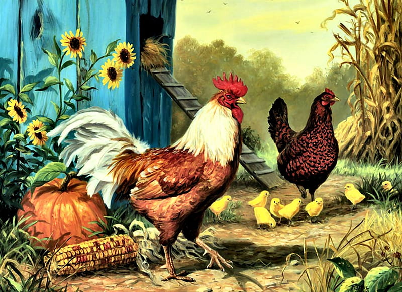 Country Chickens F2Cmp, rooster, art, artwork, animal, hen, bird, avian,  painting, HD wallpaper | Peakpx