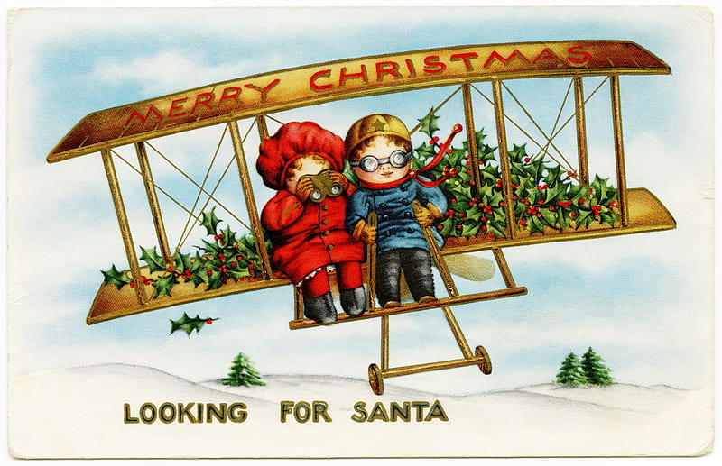 Merry Christmas!, airplane, craciun, copil, children, card, couple, red, christmas, mistletoe, vintage, HD wallpaper