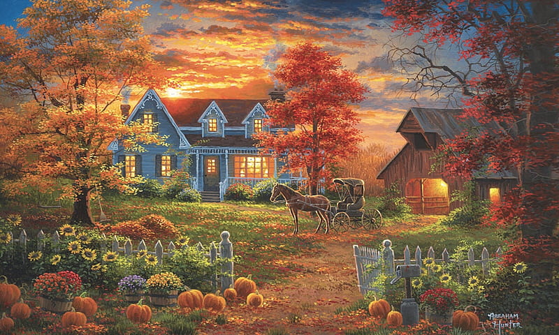 Autumn Lights, farm, rural, scenic, house, sunset, sky, Autumn, barn, Pumpkins, HD wallpaper