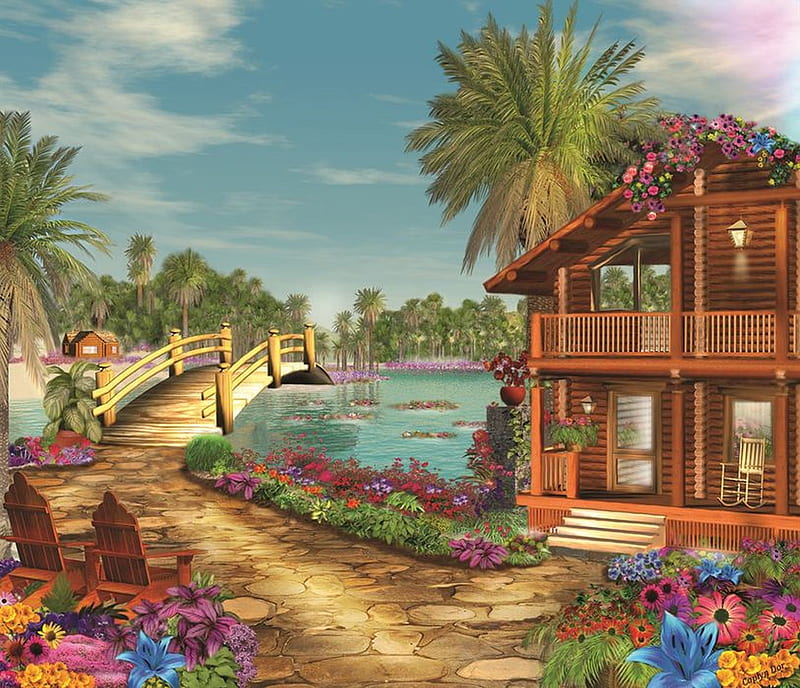 Island dreams, flowers, nature, fantasy, house, HD wallpaper | Peakpx