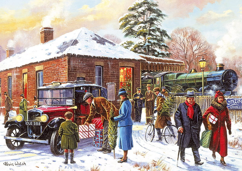 The station in winter, craciun, christmas, train, people, car, station, pictura, kevin walsh, art, painting, HD wallpaper