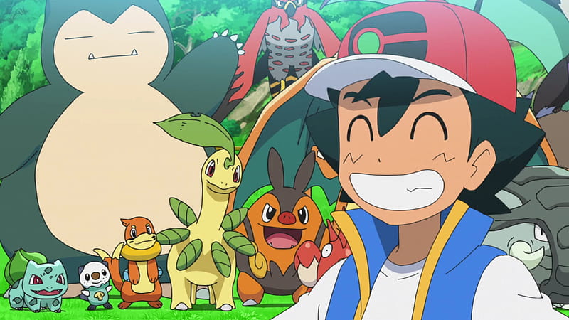 Pokémon, Ash Ketchum, Bayleef (Pokémon), Boy, Buizel (Pokemon), Bulbasaur (Pokémon), Oshawott (Pokémon), Smile, Snorlax (Pokémon), HD wallpaper