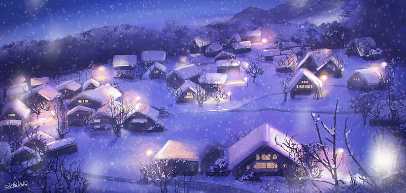 Winter village, Snow, Village, Light, Night, HD wallpaper