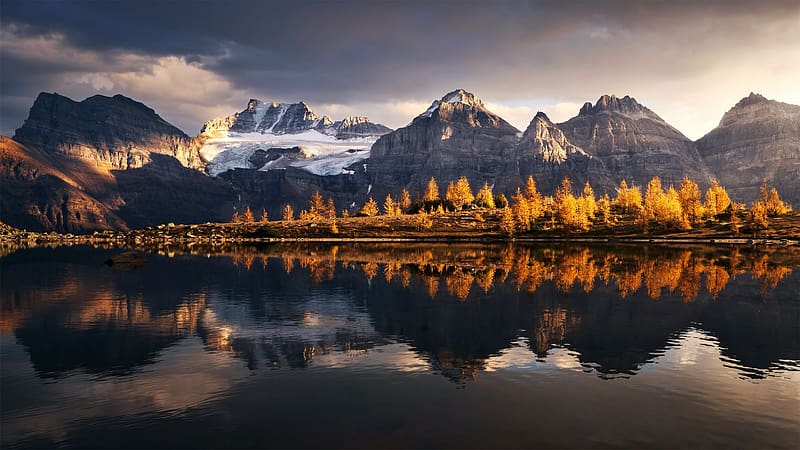 Larch Valley in the Canadian Rockies during fall, reflections, autumn, colors, clouds, trees, sky, alberta, water, HD wallpaper