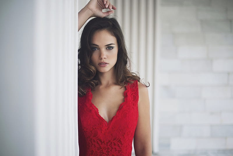 Waiting For You, whitewalls, Brunette, red dress, columns, leaning, no sleeves, HD wallpaper