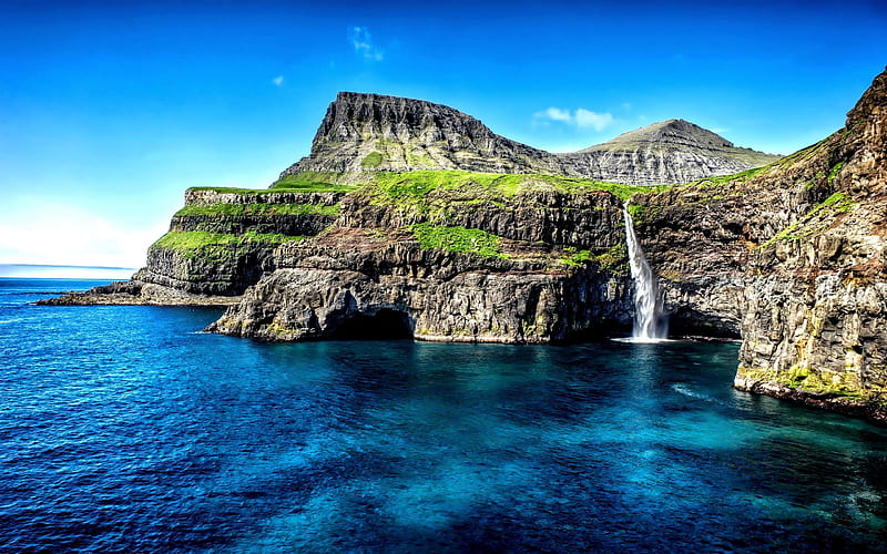 ocean, coast, rocks, waterfall, Hawaii, USA, HD wallpaper