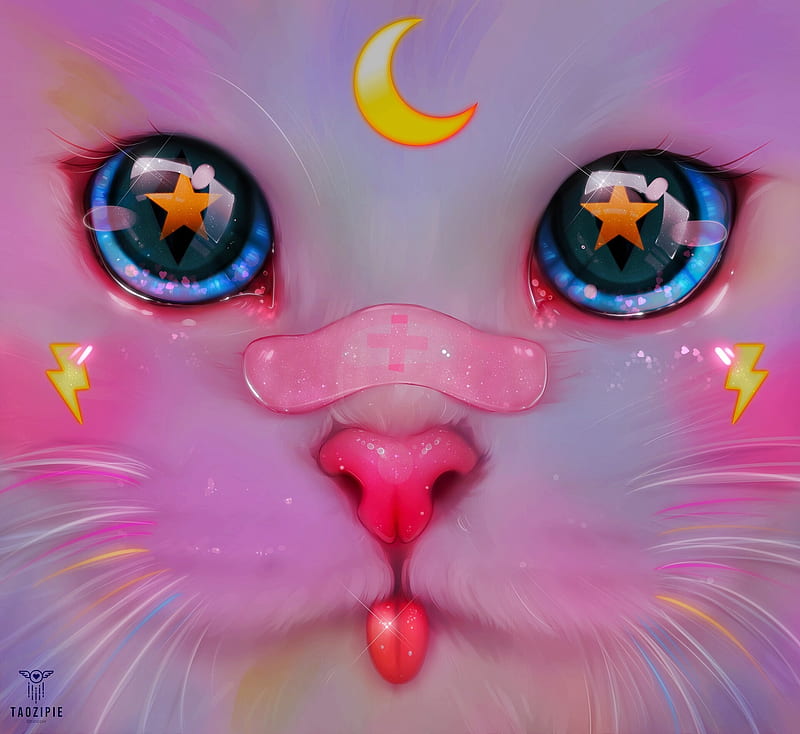 Moonkit, luminos, taozipie, face, pisici, pink, cat, eyes, moon, fantasy, moon, HD wallpaper