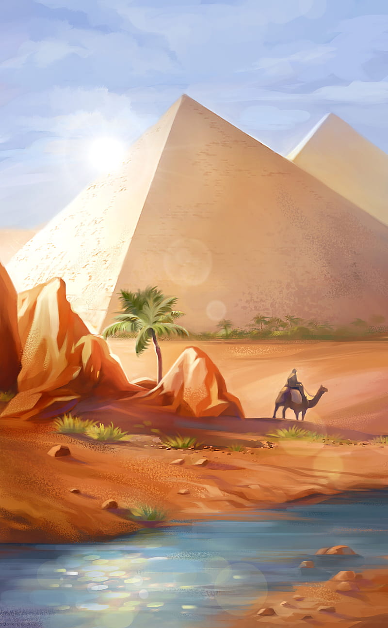 pyramids, desert, camel, art, HD phone wallpaper