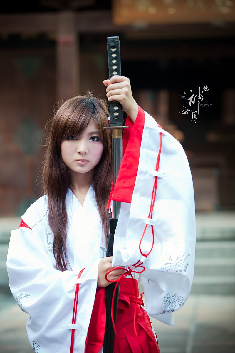 cosplay, Girl With Weapon, Asian, katana, kimono, brunette, women, HD phone wallpaper
