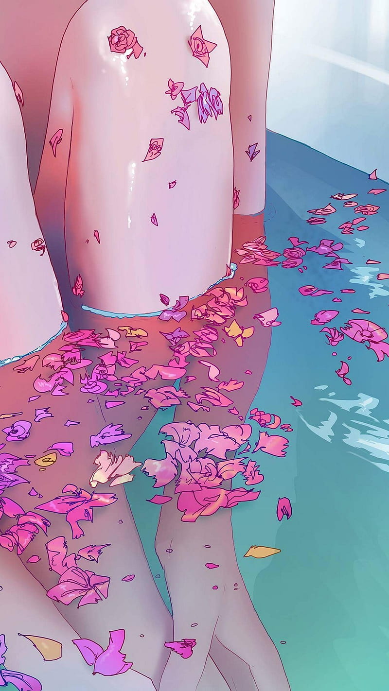 bath, digital art, flowers, petals, water, legs, HD phone wallpaper