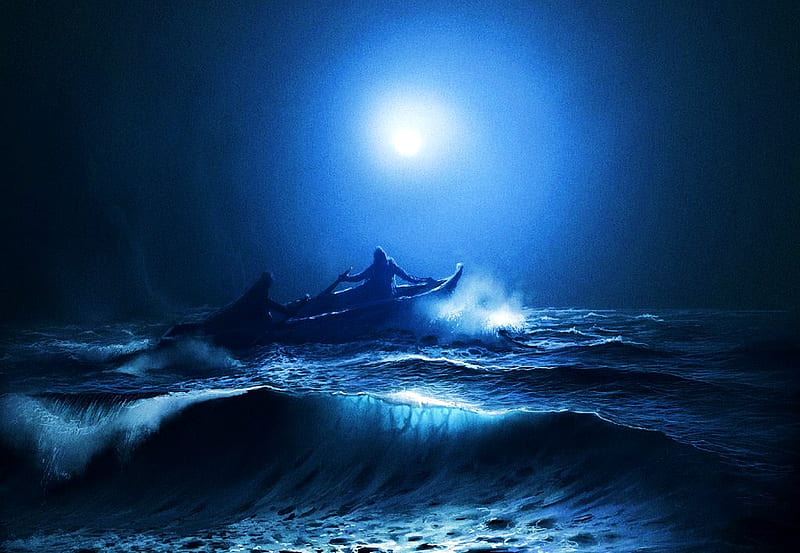 Night crossing, ocean, moonlight, two men, waves, night, HD wallpaper
