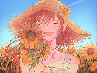 Girl, smile, hat, sunflowers, anime, HD wallpaper | Peakpx