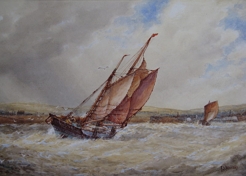 Aldridge, Painting Coast Isle of Wight, water, gris, sails, waves, clouds, sailing ship, HD wallpaper