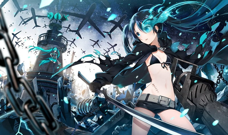 Crossover, pretty, bonito, woman, airplanes, anime, beauty, anime girl, long hair, sword, female, lovely, black, twintails, sky, cute, girl, ship, lady, HD wallpaper