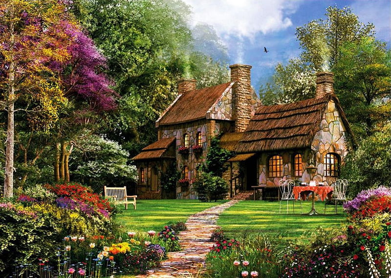 Old Cottage Flint, table, roof, house, trees, flowers, path, garden, chair, blooms, HD wallpaper