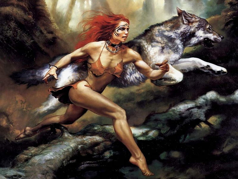 Running with wolves, forest, art, red hair, woman, run, sexy, animal, tree, fantasy, girl, lycan, painting, vampire, wolf, dog, HD wallpaper