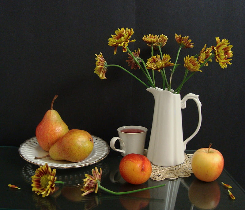 Before Midnight, still life, fruits, flowers, cup, jag, tea, HD wallpaper