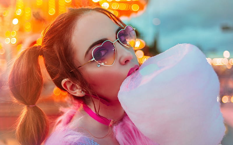 monica sariego, orange, model, woman, sunglasses, cotton candy, girl, face, pink, HD wallpaper