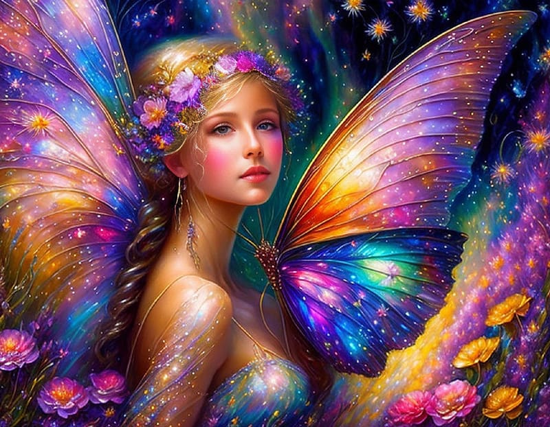 Fairy and Butterfly, girl, elf, woman, colorful, art, , fairy, digital, pretty, fantasy, butterfly, lamamake, HD wallpaper