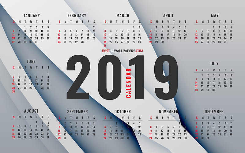 Gray Calendar 2019 gray background, 2019 Yearly Calendar, glare, creative, Calendar 2019, abstract waves, Year 2019 Calendar, 2019 calendars, abstract art, 2019 calendar, HD wallpaper