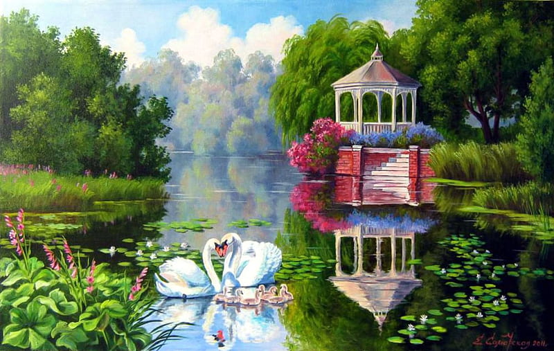 Swan Family, park, reflection, chicks, gazebo, lake, artwork, HD wallpaper