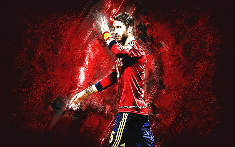Sergio Ramos, Spain national football team, Spanish soccer player, red stone background, Spain, soccer, HD wallpaper