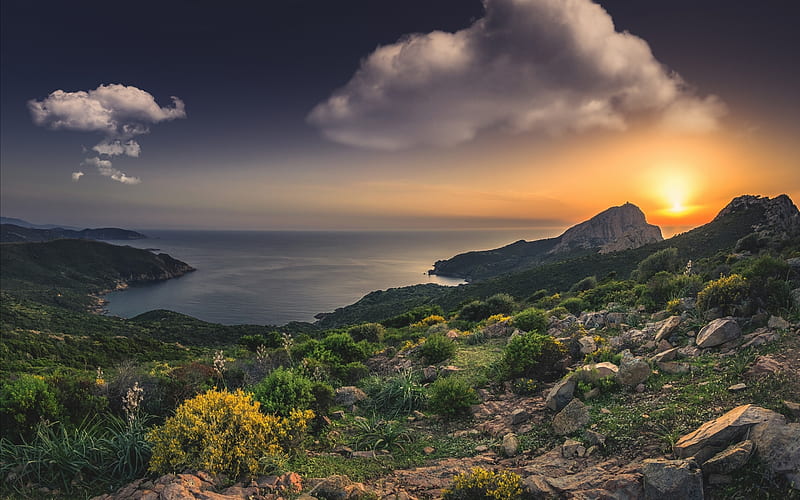 Earth, Seascape, Coast, Corsica, France, Mediterranean, Rock, Sunset, HD wallpaper