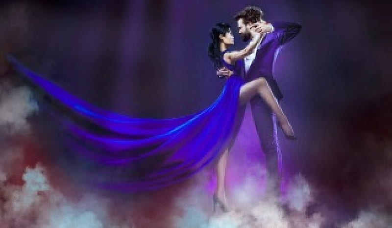 Dancing Couple, art, dress, gown, bonito, man, woman, dancing, elegant, graphy, fantasy, girl, couple, blue, HD wallpaper