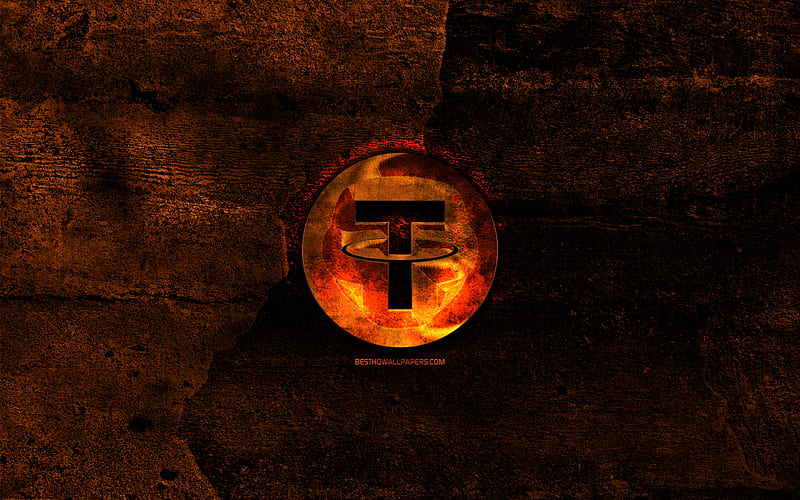 Tether fiery logo, orange stone background, creative, Tether logo, cryptocurrency, Tether, HD wallpaper