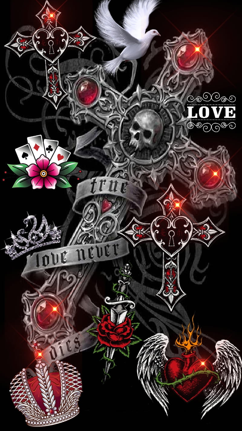 Antique Cross, cards, cross, crown, dove, love, red, stones, sword, wings, HD phone wallpaper