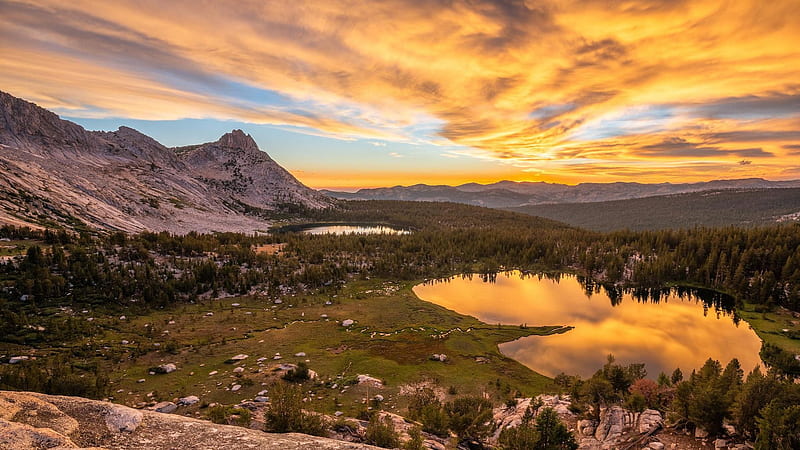 Sunset in the Yosemite high country, california, colors, clouds, landscape, sky, water, mountains, usa, reflection, HD wallpaper