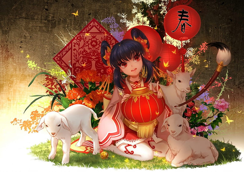 Goat Year, red, pretty, art, female, lovely, lantern, bonito, goats, girl, anime, flowers, beauty, white, pink, HD wallpaper