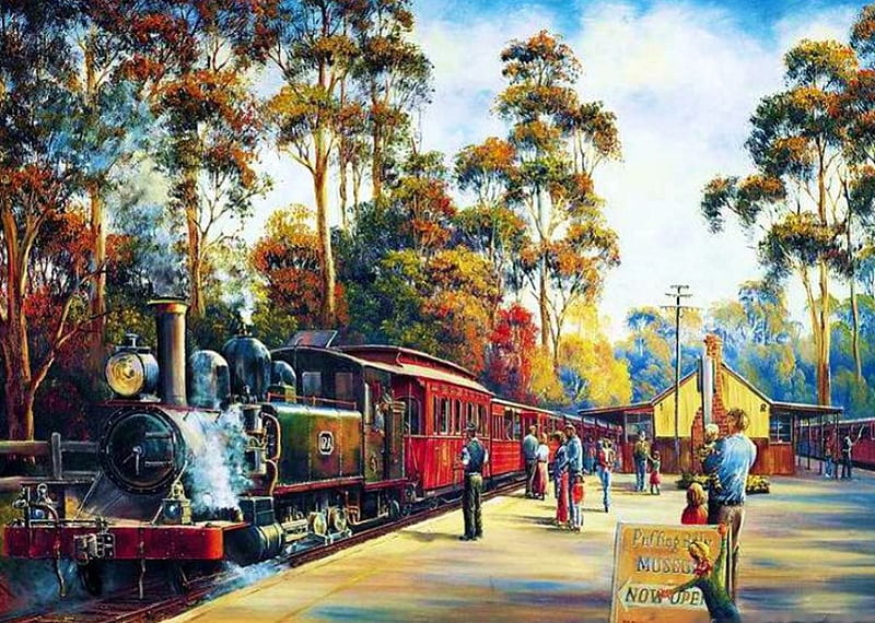 All Aboard, train, people, painting, steam, railways, artwork, vintage, HD wallpaper