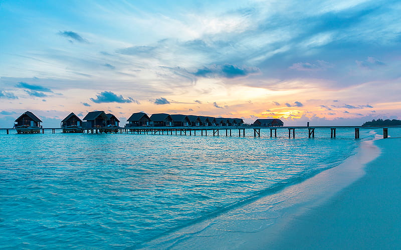 Maldives, coast, Indian Ocean, summer, bungalow, beach, resort, HD wallpaper