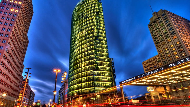 evening in berlin r, city, r, evening, lights, skyscrapers, HD wallpaper