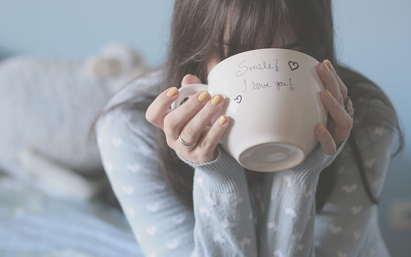 ▽ love coffee▽, Girl, cup, caffe, bed, HD wallpaper