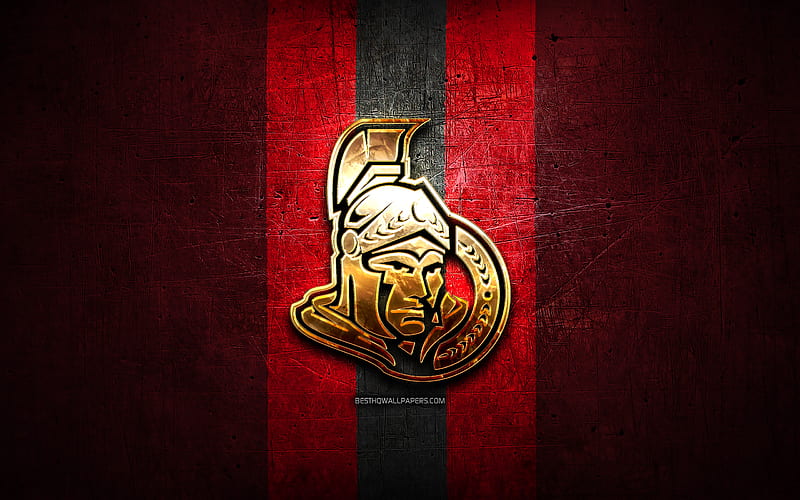 Ottawa Senators, golden logo, NHL, red metal background, canadian hockey team, National Hockey League, Ottawa Senators logo, hockey, USA, HD wallpaper