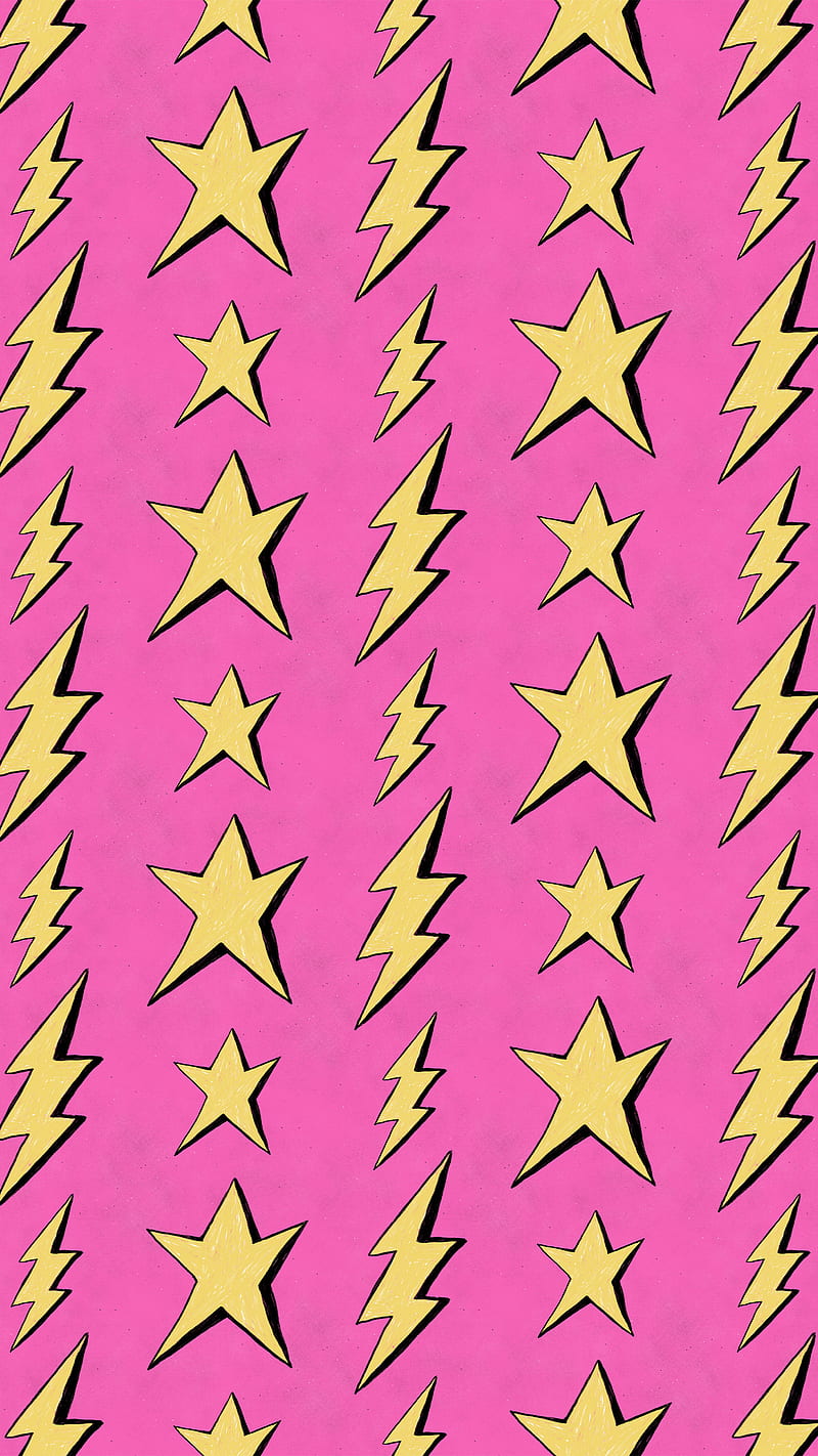 Stars & Lightning, cute, doodle, drawing, pattern, pink, yellow, HD phone wallpaper