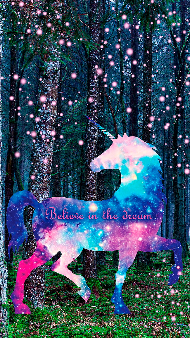 unicorn magic, believe in dream, forest, pink, space, text, HD phone wallpaper