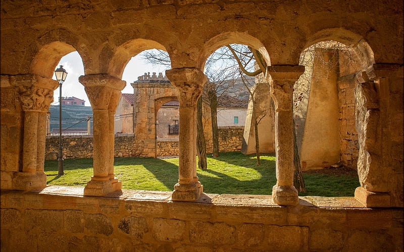 Villasyas, Castille and Leon, Spain, architecture, arcade, columns, medieval, HD wallpaper