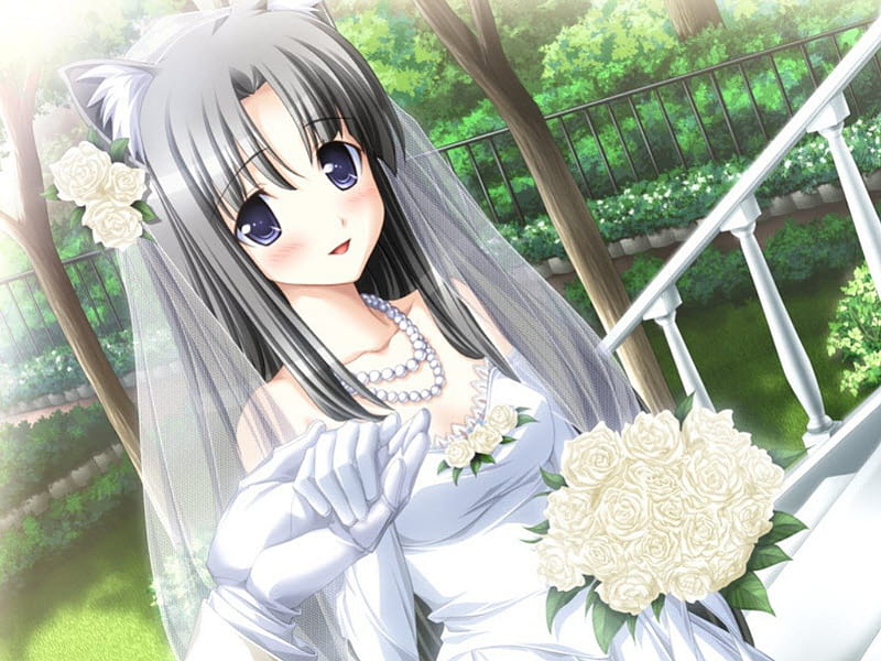 Here come the Bride, pretty, dress, veil, blush, bride, bonito, elegant, floral, sweet, blossom, anime, love, hot, beauty, anime girl, long hair, gorgeous, wed, female, lovely, romantic, romance, gown, sexy, wedding, cute, girl, bouquet, flower, white, HD wallpaper