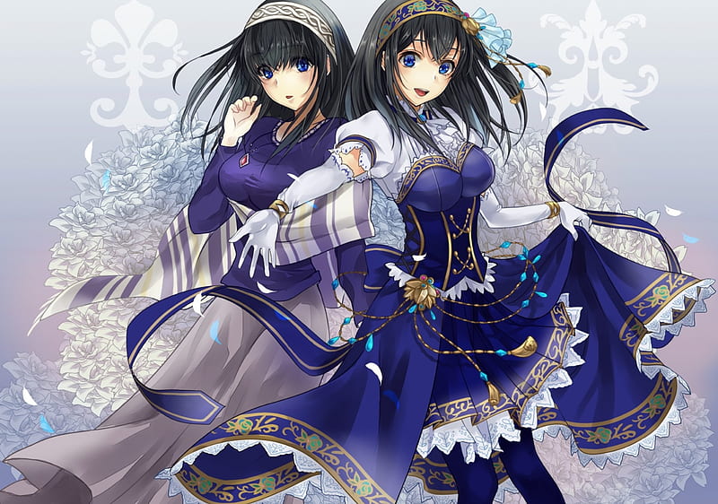 Twin Sisters, pretty, dress, sisters, bonito, ribbons, sweet, anime, beauty, anime girl, long hair, twins, black hair, blue, lovely, smile, girl, white, HD wallpaper