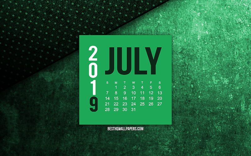 2019 July calendar, green grunge background, 2019 calendars, July, 2019 concepts, green 2019 July calendar, HD wallpaper
