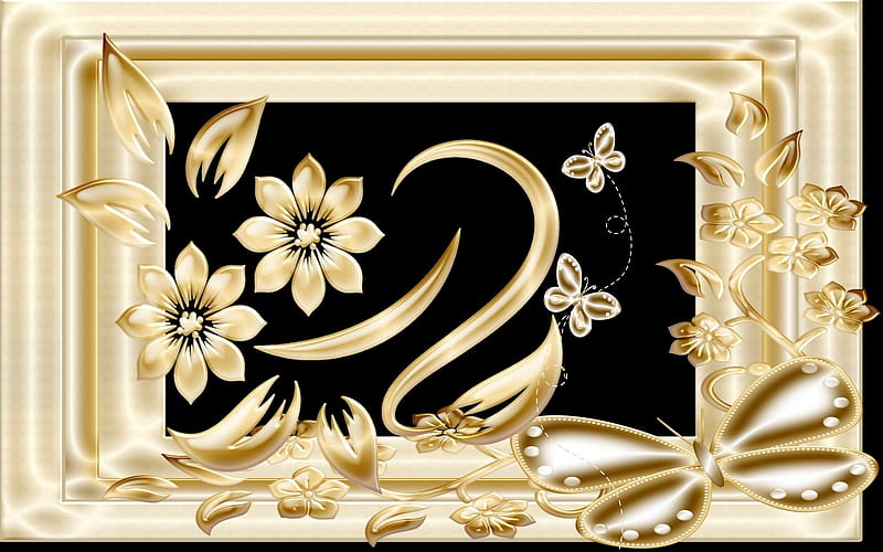 Gold On Gold, framed, gold, flowers, desenho, swirls, flutterby, HD wallpaper